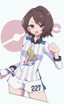 1girl absurdres blush brown_eyes brown_hair collared_shirt dynamax_band gloria_(pokemon) gloves gym_challenge_uniform highres nintendo open_mouth piyo_to_game pokemon pokemon_swsh shirt short_hair shorts single_glove smile white_shirt white_shorts