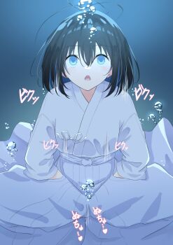 1girl after_masturbation air_bubble antenna_hair asphyxiation autoerotic_asphyxiation blue_eyes blue_hair blush bob_cut breasts bubble check_translation chestnut_mouth closed_mouth double-parted_bangs drowning empty_eyes fainted hair_between_eyes highres japanese_clothes kimono looking_up medium_breasts minagi_yuhiro motion_lines open_mouth original pool short_hair translation_request twitching underwater white_kimono yukata
