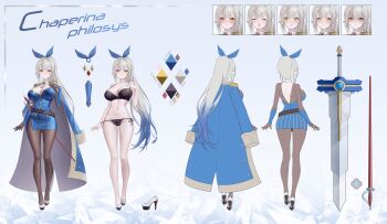 1girl absurdres ascot bare_arms bare_legs bare_shoulders belt black_bra black_gloves black_panties black_pantyhose blonde_hair blue_hair blue_skirt blush bra breasts cameltoe cape chaperina_philosys reference_sheet cleavage closed_mouth commentary_request commission cowboy_shot detached_collar elbow_gloves elf epaulettes flats full_body fymrie gem gloves gluteal_fold gradient_hair hair_intakes hair_ribbon hand_on_own_chest hand_up high_heels highres korean_commentary lace lace-trimmed_bra lace_trim large_breasts lingerie long_hair looking_at_viewer miniskirt multicolored_hair multiple_views navel original panties pantyhose pencil_skirt pinstripe_pattern pinstripe_skirt pointy_ears ponytail red_gemstone ribbon second-party_source sheath sheathed shirt side-tie_panties side_slit simple_background skindentation skirt smile spaghetti_strap standing stomach strap_gap strapless strapless_shirt string_panties striped_clothes striped_skirt studded_belt sword thighs two-tone_hair underwear underwear_only vertical-striped_clothes vertical-striped_skirt very_long_hair weapon white_ascot white_background white_hair yellow_eyes