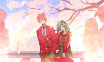 Rule 34 | 2girls, bishoujo senshi sailor moon, blonde hair, blue eyes, bow, bowtie, cherry blossoms, closed eyes, closed mouth, collared shirt, commentary request, crossdressing, crossdressing (ftm), dot mouth, falling petals, green bow, green bowtie, green hair, green necktie, green pants, green skirt, hairband, hand in own hair, hand in pocket, highres, holding, holding instrument, instrument, instrument case, jacket, kaiou michiru, long hair, looking at another, multiple girls, necktie, pants, parted bangs, parted lips, petals, pink petals, plaid clothes, plaid pants, plaid skirt, pleated skirt, red hairband, red jacket, red sailor collar, red shirt, sailor collar, school uniform, shirt, short hair, skirt, suit jacket, ten'ou haruka, wavy hair, white shirt, yumi xsh, yuri