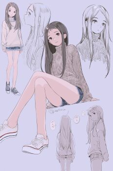 Rule 34 | 1girl, blue background, blue shorts, brown eyes, brown hair, cardigan, cowboy shot, dated, denim, denim shorts, dot nose, emanon (character), expressionless, forehead, freckles, from behind, from side, full body, grey sweater, highres, kokudou juunigou, light smile, lineart, long sidelocks, looking at viewer, memories of emanon, multiple views, shoes, shorts, sidelocks, simple background, sitting, sleeves past wrists, sneakers, speech bubble, standing, sweater, upper body, white shoes