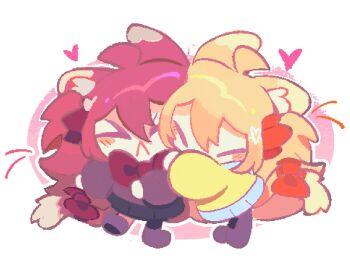 Rule 34 | > <, 2girls, :<, ahchive be, ahoge, animal ears, black socks, blue skirt, blush, blush stickers, bow, bowtie, brown hair, cardigan, cat ears, cat girl, cat tail, chibi, chibi only, closed eyes, double-parted bangs, evil neuro-sama, hair between eyes, hair ornament, hair ribbon, hashtag-only commentary, heads together, heart, heart hair ornament, highres, hug, jaggy lines, long hair, long sleeves, miniskirt, multiple girls, neuro-sama, outline, pleated skirt, red bow, red bowtie, red ribbon, ribbon, siblings, sisters, skirt, socks, standing, standing on one leg, tail, tail bow, tail ornament, twins, two side up, vedal ai, white background, white outline, yellow cardigan