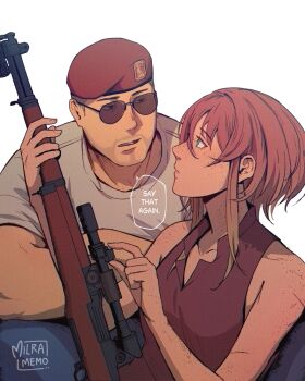 1boy 1girl beret blue_eyes blue_pants brown_hair brown_shoes buzz_cut closed_mouth collared_shirt courier_(fallout:_new_vegas) craig_boone english_text eye_contact fallout fallout:_new_vegas freckles grey_shirt gun hair_between_eyes hat holding holding_gun holding_weapon looking_at_another milramemo noelle_(milramemo) pants parted_lips red_hat rifle scope shirt shoes short_hair short_sleeves signature simple_background sleeveless sleeveless_shirt sniper_rifle sunglasses very_short_hair weapon white_background