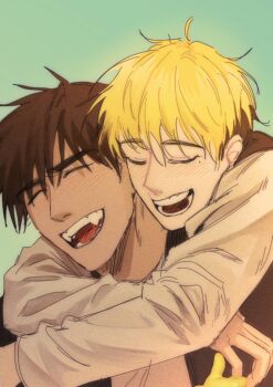 100_castle 2boys blonde_hair blue_background blush closed_eyes commentary_request fangs happy hug hug_from_behind long_sleeves male_focus mole mole_under_eye multiple_boys nicholas_d._wolfwood open_mouth simple_background trigun trigun_stampede vash_the_stampede yaoi