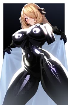 1girl alternate_costume black_background black_bodysuit blonde_hair blush bodysuit breasts commentary cynthia_(pokemon) from_below grey_eyes hair_over_one_eye highres huge_breasts impossible_bodysuit impossible_clothes latex latex_bodysuit long_hair looking_at_viewer nintendo pokemon pokemon_dppt shiny_clothes simple_background solo standing variant_set volyz