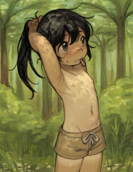 1boy armpits arms_behind_head arms_up artist_name averting_eyes black_hair blush brown_shorts bush commentary cowboy_shot girly_boy groin hair_tie_in_mouth highres ichihashi_kei inaka_ni_kaeru_to_yakeni_natsuita_kasshoku_ponytail_shota_ga_iru male_focus medium_hair mouth_hold navel nipples outdoors ponytail short_shorts shorts sideways_glance snugglepuff28 solo standing sweatdrop tan tanline topless_male tree tying_hair