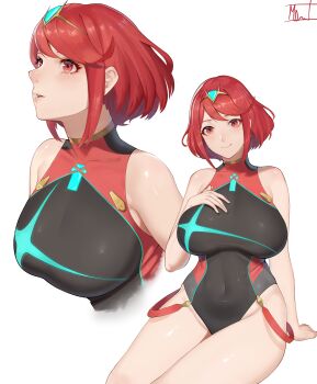1girl absurdres adapted_costume bare_shoulders black_one-piece_swimsuit breasts closed_mouth commentary covered_navel hand_on_own_chest highleg highleg_one-piece_swimsuit highres invisible_chair large_breasts looking_at_viewer magdalenus27 multiple_views one-piece_swimsuit parted_lips profile pyra_(xenoblade) red_eyes red_hair short_hair signature simple_background sitting swimsuit tiara turtleneck turtleneck_one-piece_swimsuit upper_body white_background xenoblade_chronicles_(series) xenoblade_chronicles_2