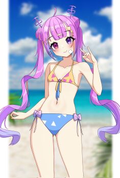 1girl \n/ ahoge antennae bandage_on_cheek bandaid bandaid_hair_ornament beach bikini blue_sky blunt_bangs blurry blurry_background blush bow chromashift closed_mouth cloud collarbone colored_tips commentary commission cowboy_shot day dot_nose english_commentary eyelashes hair_ornament heterochromia highres long_hair multicolored_hair navel orange_hair outdoors pink_eyes pink_hair purple_eyes purple_hair riro_ron sand saruneo sidelocks sky smile solo star_(symbol) star_hair_ornament stomach swimsuit twintails virtual_youtuber water