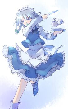 1girl apron back_bow black_ribbon black_shoes blue_background blue_eyes blue_skirt blue_vest border bow braid commentary_request covered_mouth cup foot_out_of_frame frilled_apron frills green_bow grey_hair grey_socks hair_bow holding holding_knife holding_tray izayoi_sakuya knife long_sleeves maid_apron maid_headdress mary_janes one-hour_drawing_challenge petticoat rangycrow ribbon shirt shoes skirt socks solo teapot throwing_knife touhou tray twin_braids vest weapon white_apron white_border white_shirt