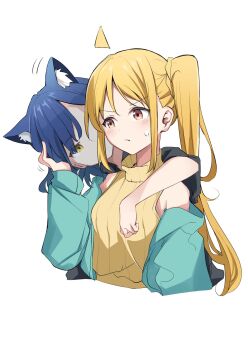 2girls ahoge alternate_costume animal_ears black_shirt blonde_hair blue_hair blush bocchi_the_rock! cat_ears commentary_request dress hand_on_another&#039;s_head highres hug hug_from_behind ijichi_nijika keito4f motion_lines multiple_girls off-shoulder_jacket off_shoulder red_eyes shirt short_hair side_ponytail simple_background sleeveless sleeveless_dress sweatdrop translation_request white_background yamada_ryo yellow_eyes yellow_shirt yuri