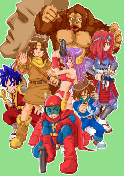Rule 34 | 1girl, 5boys, android, ape, armor, belt, bikini, blue eyes, blue hair, blue jacket, blue shirt, bodystocking, boots, brown eyes, brown hair, cape, castlevania (series), crossover, fishnet bodystocking, fishnets, ganbare goemon, getsu fuuma, getsu fuuma den, giant, giant monster, gloves, goemon, gorilla, gradius, green background, gun, handgun, headband, helmet, jacket, kaiju, katana, king kong, king kong (series), king kong 2: furious megaton punch, king kong lives, konami, konami lady, konami man, konami wai wai world, long hair, makinaminami911, michael walsh (the goonies), moai-kun, moai alexandria, monster, multiple boys, multiple crossover, muscular, muscular arms, muscular other, open clothes, open jacket, pectorals, purple eyes, purple hair, red eyes, red hair, samurai, sheath, shirt, short hair, simon belmont, simple background, slingshot (weapon), smoking pipe, statue, swimsuit, sword, the goonies, the goonies (video game), vampire killer, weapon, whip