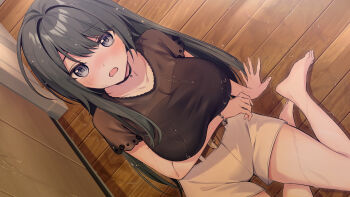 1girl arm_under_breasts barefoot belt black_choker black_hair blush bracelet breasts brown_belt choker collarbone game_cg grey_eyes highres jewelry large_breasts long_hair making_lovely open_mouth oryo_(oryo04) rikka_shirase see-through_cleavage see-through_clothes shorts solo wet wet_clothes wet_hair white_shorts wooden_floor