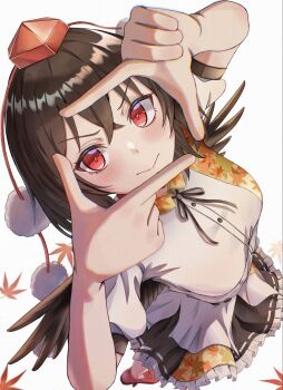 1girl bird_wings black_hair black_wings blush brown_hair byoin_kaiteki3 from_above hat hauchiwa highres leaf leaf_print looking_at_viewer maple_leaf maple_leaf_print pointy_ears pom_pom_(clothes) red_eyes red_hat ribbon shameimaru_aya shirt short_hair short_sleeves skirt smile solo tengu tokin_hat touhou white_shirt wings