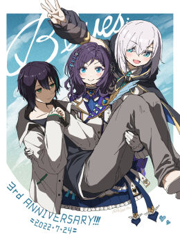 1boy 2girls aiba_uiha aiba_uiha_(1st_costume) anniversary aqua_ascot ars_almal ars_almal_(1st_costume) ascot black_cape black_hair black_shirt blue_ascot blue_bow blue_eyes blue_flower blue_hair blues_(nijisanji) blush bow braid cape carrying closed_mouth cropped_legs detached_sleeves flower frilled_skirt frills gloves grey_pants hair_between_eyes hair_bow highres hood hood_down hooded_cape idol idol_clothes jacket long_sleeves mayuzumi_kai mayuzumi_kai_(1st_costume) mole mole_under_eye multicolored_hair multiple_girls nijisanji open_clothes open_jacket open_mouth outstretched_arms pants princess_carry see-through_clothes see-through_sleeves shirt short_hair short_sleeves simple_background skirt sky sleeveless sleeves_past_fingers sleeves_past_wrists slippers smile streaked_hair tatami_kami virtual_youtuber w white_gloves white_hair white_jacket white_shirt