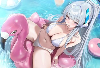1girl alternate_costume bikini blue_archive breasts cleavage halo highres inflatable_flamingo inflatable_toy large_breasts long_hair looking_at_viewer mechanical_halo noa_(blue_archive) ponytail pool preview_(preview0) purple_eyes sitting smile solo spread_legs swimsuit white_bikini white_hair white_halo