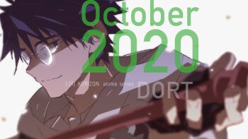 Rule 34 | 1boy, black eyes, black hair, blurry, blurry foreground, cloak, glasses, hara kazuhiro, hood, hooded cloak, log horizon, male focus, shiroe (log horizon), smile, solo, staff