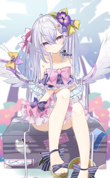 1girl angel_wings artist_name azusa_(blue_archive) azusa_(swimsuit)_(blue_archive) bad_feet bare_shoulders bikini blue_archive blurry blurry_background box brown_sandals closed_mouth collarbone commentary crossed_bangs expressionless flower foot_out_of_frame frilled_bikini frills hair_between_eyes hair_flower hair_ornament head_tilt legs long_hair looking_at_viewer low_wings official_alternate_costume on_box pink_eyes platform_sandals poteo ribbon sandals sitting solo strapless strapless_bikini swimsuit very_long_hair watermark white_hair white_wings wings