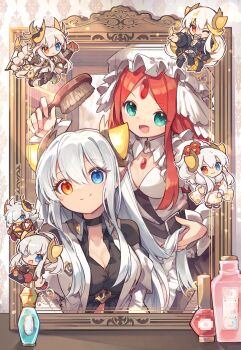 2girls absurdres black_shirt blue_eyes breasts choker cleavage coat dragon_girl dragon_horns gem_on_head heterochromia highres holding holding_brush horns ideal_(p&amp;d) kuuron_(moesann17) large_breasts long_hair multiple_girls myne_(p&amp;d) open_mouth orange_eyes puzzle_&amp;_dragons red_hair ribbon shirt smile very_long_hair white_coat white_hair