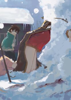 1boy 1girl absurdres brown_cape brown_hair cape cold dress from_side green_cape highres house kono_subarashii_sekai_ni_shukufuku_wo! koukouya megumin red_dress satou_kazuma shoes snow staff winter