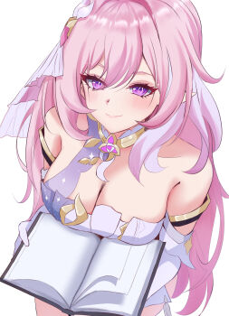1girl bare_shoulders book breasts cleavage diamond-shaped_pupils diamond_(shape) elf elysia_(herrscher_of_human:_ego)_(honkai_impact) elysia_(honkai_impact) from_above gude_(gudechang) hair_ornament highres honkai_(series) honkai_impact_3rd large_breasts long_hair looking_at_viewer multicolored_hair open_book pink_hair pointy_ears purple_eyes simple_background smile solo symbol-shaped_pupils triquetra two-tone_hair very_long_hair white_background white_hair