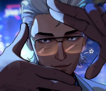 1boy blurry blurry_background bokeh brown_eyes close-up depth_of_field finger_frame gesture hair_slicked_back hands_up highres looking_at_viewer male_focus mullet portrait smirk solo star_(symbol) tinted_eyewear to_be_hero to_be_hero_x waasabi_xp white_hair x_(to_be_hero_x) yellow-tinted_eyewear