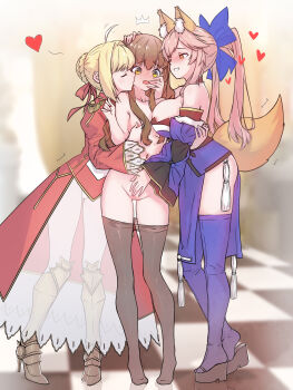 3girls absurdres animal_ears armor blonde_hair blush breasts brown_hair checkered_floor cleavage clothed_female_nude_female clothes_pull dress fate/extra fate_(series) fff_threesome fox_ears fox_tail girl_sandwich greaves group_sex hand_on_another's_face hand_on_another's_head high_heels highres japanese_clothes kishinami_hakuno_(female) kiss kissing_cheek large_breasts looking_at_another multiple_girls nero_claudius_(fate) nero_claudius_(fate/extra) nipple_slip nipple_stimulation nipple_tweak nipples nude pantyhose pantyhose_pull phi_str pink_hair platform_clogs platform_footwear platform_heels sandwiched smile standing tail tamamo_no_mae_(fate) thigh_gap threesome yuri