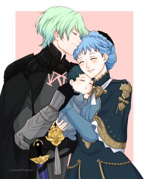 1boy 1girl 1other absurdres artist_name baby black_cape black_gloves blue_dress blue_hair blush braid breasts cape carrying carrying_baby carrying_person closed_eyes commission couple crown_braid dress father_and_child fire_emblem fire_emblem:_three_houses gloves green_hair hand_on_another&#039;s_head happy hetero highres husband_and_wife if_they_mated kissing_head male_byleth_(awakened)_(fire_emblem) male_byleth_(fire_emblem) marianne_von_edmund marianne_von_edmund_(timeskip) mother_and_child nintendo non-web_source official_alternate_hair_color parted_lips second-party_source short_hair sierra117renner sleeping standing twitter_username vgen_commission watermark