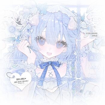 1girl blue_eyes blue_hair bow braid commentary_request dress fang flower hair_flower hair_ornament heart highres holding long_hair looking_at_viewer open_mouth original ribbon sensitive shi_mita smile solo