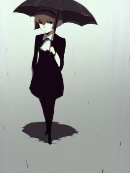 1girl arm_at_side ascot black_dress black_eyes black_hairband black_pantyhose black_shoes black_umbrella blue_gemstone brooch brown_hair closed_mouth collared_dress commentary contrast_collar dress eyes_visible_through_hair full_body gem grey_background hairband hand_up highres holding holding_umbrella jewelry long_sleeves looking_at_viewer nimirom outdoors pantyhose r_dorothy_wayneright rain shadow shoes short_hair simple_background solo standing the_big_o umbrella white_ascot