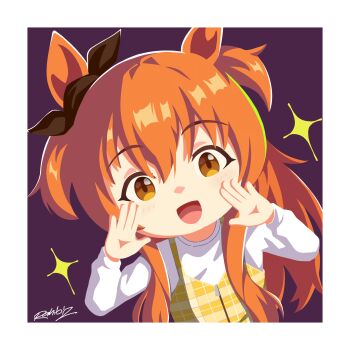 1girl absurdres animal_ears bow dress ear_bow ear_ribbon hair_between_eyes highres horse_ears horse_girl long_hair long_sleeves looking_at_viewer mayano_top_gun_(casual)_(umamusume) mayano_top_gun_(umamusume) open_mouth orange_eyes orange_hair plaid_clothes plaid_dress rahibizzz shirt shirt_under_dress smile solo sparkle star_(symbol) two_side_up umamusume upper_body white_shirt yellow_dress