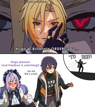 1boy 2girls belle_(zenless_zone_zero) blush chuunibyou closed_eyes code_geass commentary dorahdew embarrassed english_commentary english_text fukuyama_jun geass gothic_lolita heterochromia highres hugo_vlad lelouch_vi_britannia lolita_fashion multiple_girls pointy_ears speech_bubble vivian_banshee voice_actor_connection zenless_zone_zero