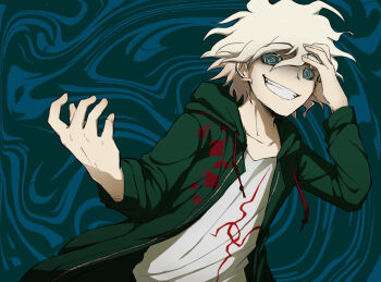 1boy @_@ ahoge anah_41 colored_sclera commentary crazy danganronpa_(series) danganronpa_2:_goodbye_despair derivative_work drawstring dutch_angle english_commentary green_sclera grin hood hood_down hooded_jacket jacket komaeda_nagito long_sleeves looking_at_viewer male_focus messy_hair open_clothes open_jacket screenshot_redraw shirt short_hair smile solo upper_body white_hair white_shirt