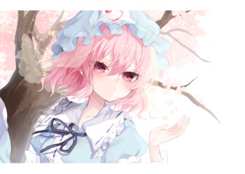 1girl absurdres black_ribbon blue_hat blue_kimono blush cherry_blossoms commentary falling_petals frilled_hat frilled_sailor_collar frills hair_between_eyes hand_up hat highres japanese_clothes kimono letterboxed looking_ahead mob_cap neck_ribbon petals pink_hair ribbon rori82li saigyouji_yuyuko sailor_collar short_hair smile solo touhou tree triangular_headpiece upper_body white_sailor_collar