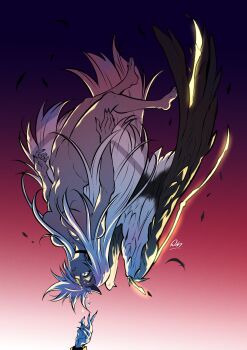 2girls absurdres angel angel_wings bleeding blood bloody_tears broken_wing charlie_morningstar colored_sclera colored_skin convenient_hair falling feathered_wings feathers fingernails gold_blood gradient_background grey_skin grey_wings hair_over_breasts hair_over_crotch hazbin_hotel hellaverse highres long_hair missing_eye multiple_girls out_of_frame outstretched_hand pink_sclera raccoon_404 revision sharp_fingernails shedding shedding_feathers solo_focus tears vaggie very_long_hair wings yellow_eyes