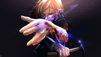 1girl absurdres arm_tattoo arm_up aura black_background black_jacket brown_eyes brown_hair facial_tattoo gakuran grin hammer highres holding holding_hammer impaled injury jacket jujutsu_kaisen kugisaki_nobara light_particles long_sleeves looking_at_viewer mitsuru_(aica_hikari) nail_(hardware) open_hand school_uniform self-harm short_hair smile solo swept_bangs tattoo torn_sleeve upper_body