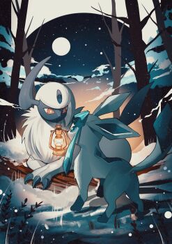 absol bare_tree blue_eyes commentary_request gen_3_pokemon gen_4_pokemon glaceon highres lamp log moon mouth_hold night nintendo no_humans outdoors pokemon pokemon_(creature) red_eyes reo_(mmocc123) snow tree
