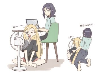 Rule 34 | ahoge, anger vein, auklet5580, barefoot, black hair, black shirt, blonde hair, chair, cho kaguya-hime!, closed eyes, commentary request, computer, electric fan, green shirt, highres, indian style, kaguya (cho kaguya-hime!), laptop, long hair, looking at another, medium hair, mole, mole under eye, open mouth, pink shorts, sakayori iroha, shirt, shorts, sitting, translation request, white background