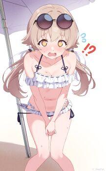 !? 1girl @_@ absurdres beach_umbrella bikini blonde_hair blue_archive blush breasts brown_eyes collarbone embarrassed eyewear_on_head frilled_bikini frills hifumi_(blue_archive) highres linatai long_hair looking_at_viewer low_twintails navel open_mouth sand shadow small_breasts solo sunglasses sweat swimsuit twintails umbrella wardrobe_malfunction white_bikini