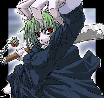 1girl arm_up blood border chain dress evil_grin evil_smile facial_mark female_focus fighting_stance fingernails green_hair grin hatchet iya_maid kneehighs long_fingernails looking_at_viewer lowres maid maid_headdress marimo nata_(tool) oekaki original pale_skin perspective red_eyes short_hair smile socks solo standing weapon