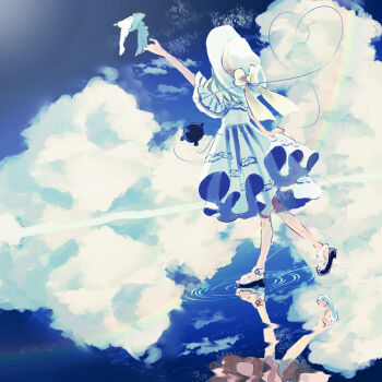 1girl alternate_costume bird blue_capelet blue_dress blue_sky bow capelet cloud commentary_request culotte_(hosenrock) dress flying_animal from_behind green_hat hat hat_bow hat_ribbon heart heart_of_string highres komeiji_koishi medium_hair reaching reaching_towards_another reflection reflective_water ribbon ripples sandals short_sleeves sky third_eye touhou walking walking_away white_bird white_sandals yellow_bow yellow_ribbon