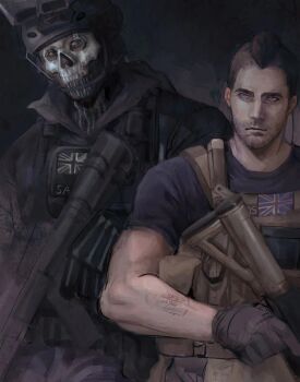 2boys balaclava black_background black_gloves black_shirt brown_hair bulletproof_vest bullfrogsan call_of_duty call_of_duty:_modern_warfare_2 commentary_request crew_neck facial_hair ghost_(modern_warfare_2) gloves gun head-mounted_display helmet highres holding holding_gun holding_weapon looking_ahead male_focus mask mohawk multiple_boys shirt short_sleeves side-by-side skeleton_print skull_print soap_(modern_warfare_2) standing t-shirt union_jack vest weapon wing_collar