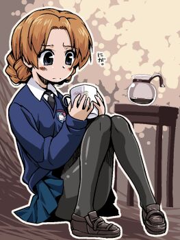 10s black_pantyhose blonde_hair blue_eyes blush_stickers braid coffee_pot cup dress_shirt girls_und_panzer holding loafers long_sleeves miniskirt mug necktie orange_pekoe_(girls_und_panzer) pantyhose pleated_skirt r-ex school_uniform shirt shoes short_hair skirt solo sweater white_shirt