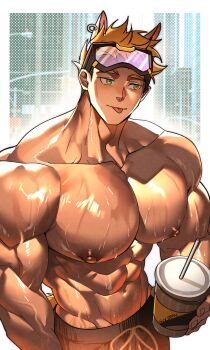 1boy abs absurdres animal_ears bara black_shorts blonde_hair closed_mouth cup dark-skinned_male dark_skin disposable_cup drinking_straw ear_piercing goggles goggles_on_head golden_ryder_(xxl) green_eyes halftone highres horse_boy horse_ears large_pectorals looking_to_the_side male_focus muscular muscular_male nipples pectorals piercing shiny_skin short_hair shorts solo sweat toastytoastiee tongue tongue_out topless_male veins veiny_arms xxl_woofia