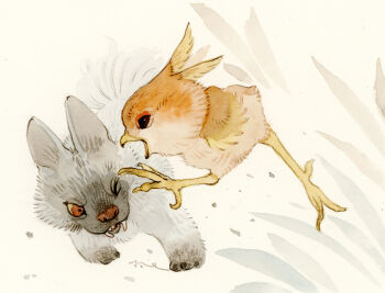 bird body_fur fangs fighting gen_3_pokemon grey_fur myun_(moukin_no_ana) nintendo no_humans one_eye_closed orange_feathers pokemon pokemon_(creature) pokemon_focus pokemon_rse poochyena torchic