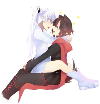 2girls animal_ears arms_around_neck black_hair black_legwear blue_eyes blush boots cape dress grey_eyes highres hinagi hood hug kiss lace-up_boots long_hair multiple_girls open_mouth pantyhose ruby_rose rwby short_hair side_ponytail sitting sitting_on_lap sitting_on_person skirt tail weiss_schnee white_hair yuri