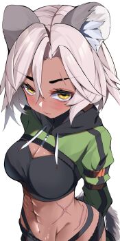 1girl abs animal_ears arms_behind_back black_pants black_tube_top blush bonryuu commentary cropped_jacket english_commentary green_jacket highres indie_virtual_youtuber jacket midriff pants sansin_jin scar scar_across_eyebrow scar_on_face scar_on_stomach solo strapless tail tube_top whale_tail_(clothing) white_hair yellow_eyes