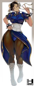 1girl artist_name blue_dress boots bracelet breasts brown_eyes brown_hair brown_pantyhose capcom china_dress chinese_clothes chun-li closed_mouth commentary double_bun dress english_commentary full_body hair_bun highres jewelry kinohmaro large_breasts looking_at_viewer pantyhose puffy_short_sleeves puffy_sleeves short_sleeves smile solo spiked_bracelet spikes street_fighter v white_boots