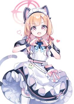 Rule 34 | 1girl, animal ear headphones, animal ears, apron, black dress, blonde hair, blue archive, blue ribbon, blush, borrowed clothes, cat ear headphones, cat ears, chestnut mouth, chosunbe, cowboy shot, dress, fake animal ears, fake tail, frilled apron, frills, hair ornament, hairclip, halo, hands up, headphones, heart, heart hands, highres, low-tied sidelocks, maid, maid apron, maid headdress, momoi (blue archive), momoi (maid) (blue archive), neck ribbon, official alternate costume, open mouth, parallel hairclips, pink eyes, pink halo, pink ribbon, puffy short sleeves, puffy sleeves, ribbon, short hair, short sleeves, sidelocks, simple background, solo, tail, teeth, thighhighs, upper teeth only, white apron, white background, white thighhighs