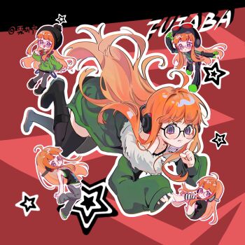 1girl :d :| ahoge arms_behind_back bare_shoulders barefoot behind-the-head_headphones black-framed_eyewear black_bodysuit black_boots black_hat black_pantyhose black_shirt black_tank_top black_thighhighs blunt_bangs bodysuit boots character_name chibi chibi_inset closed_mouth commentary commentary_request fetal_position finger_to_cheek floating full_body fur-trimmed_jacket fur_trim glasses goggles green_hoodie green_jacket green_shoes green_shorts grey_pants hand_on_headwear hand_up hashtag-only_commentary hat headphones headphones_around_neck highres hood hoodie jacket long_hair long_sleeves multiple_views open_mouth oracle_(persona_5) orange_hair outstretched_arm pants pantyhose persona persona_5 purple_eyes qianyewuli red_background sakura_futaba shirt shoes shorts sidelocks sleeves_past_wrists smile star_(symbol) striped_sleeves symbol-only_commentary tank_top thighhighs two-tone_background weibo_username