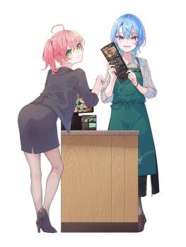 2girls ahoge alternate_costume apron black_jacket black_skirt blue_eyes blue_hair formal_clothes green_apron green_eyes grey_shirt hakua_(aiziro_039) high_heels highres holding holding_menu hololive hoshimachi_suisei jacket looking_at_viewer looking_back menu multiple_girls office_lady open_mouth pencil_skirt pink_hair ponytail sakura_miko shirt short_hair simple_background skirt smile star_(symbol) star_in_eye suit symbol_in_eye tongue turning_head virtual_youtuber white_background